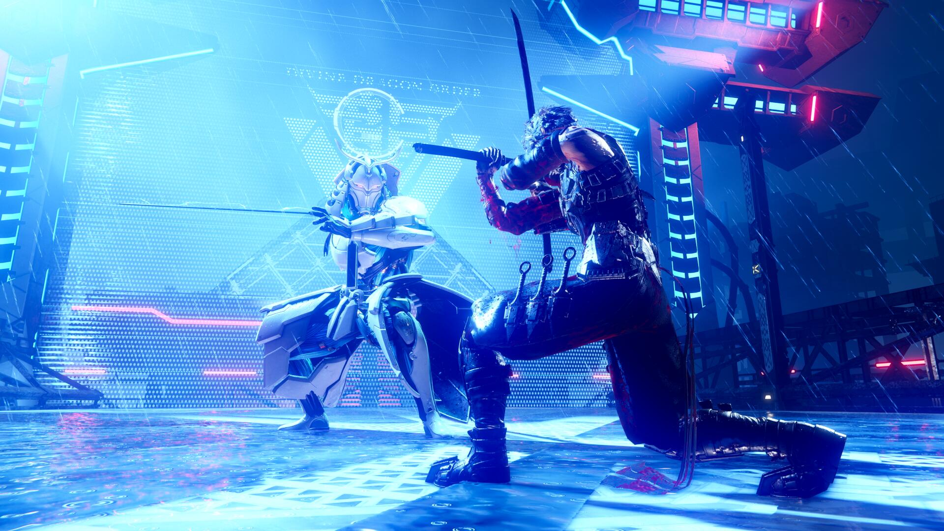 Yakumo squares off against a DDO Commander boss in Ninja Gaiden 4