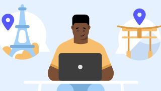 NordVPN virtual location cartoon showing person sitting using a laptop