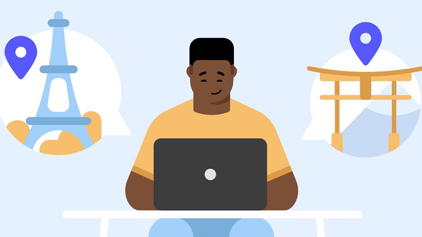 NordVPN virtual location cartoon showing person sitting using a laptop