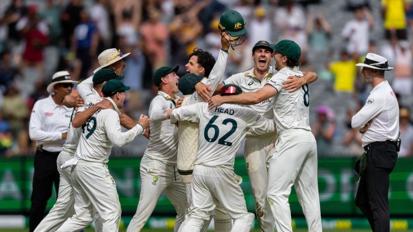  Australian players celebrating after winning the NRMA Insurance Boxing Day Test match of Border Gavaskar trophy between Australia and India at the Melbourne Cricket Ground on December 30, 2024 in Melbourne, Australia