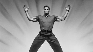 Arnold Schwarzenegger posing for Japanese Cup Noodle advertisement