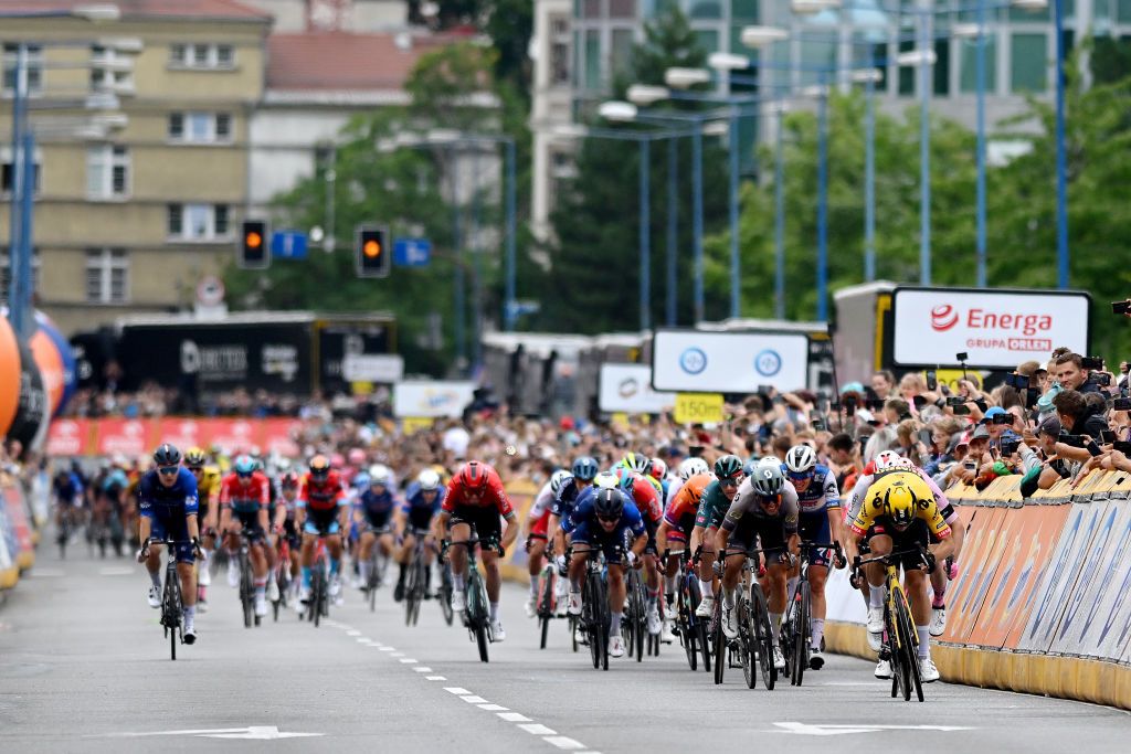 OPOLE POLAND AUGUST 01 A general view of Max Walscheid of Germany and Team Cofidis Olav Kooij of The Netherlands and Team JumboVisma and Marijn Van Den Berg of The Netherlands and Team EF EducationEasyPost sprint at finish line during the 80th Tour de Pologne 2023 Stage 4 a 1991km stage from Strzelin to Opole UCIWT on August 01 2023 in Opole Poland Photo by Dario BelingheriGetty Images
