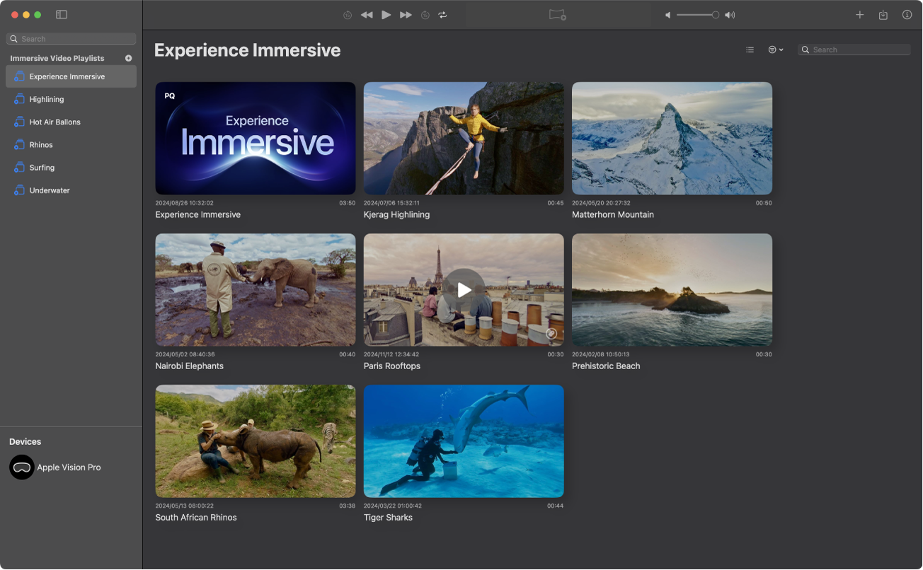 A screenshot showing Apple Immersive Videos