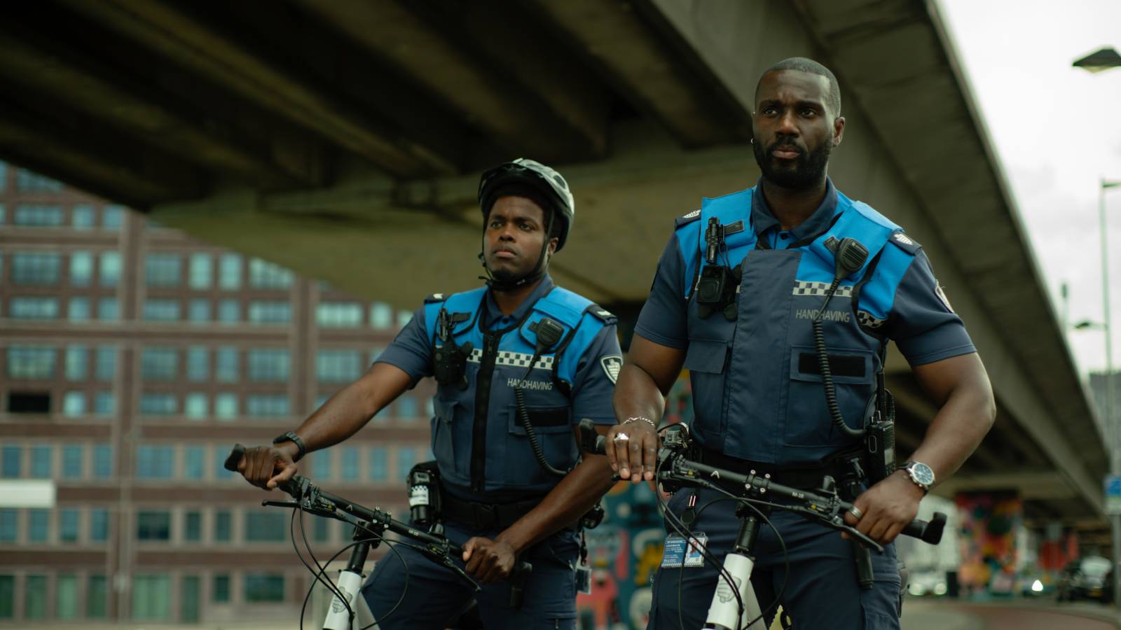 Jandino Asporaat and Werner Kolf in Almost Cops on Netflix.