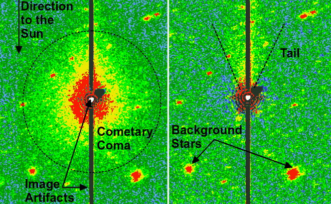 Don Quixote’s coma and tail (left) in an infrared light image from the NASA’s Spitzer Space Telescope. The tail pops out a bit more after image processing (right).