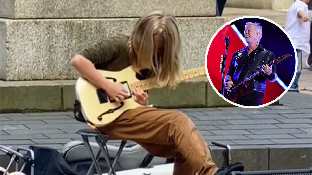 Young boy busker playing Master Of Puppets next to image of Metallica&#039;s James Hetfield