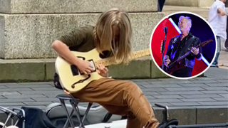 Young boy busker playing Master Of Puppets next to image of Metallica's James Hetfield