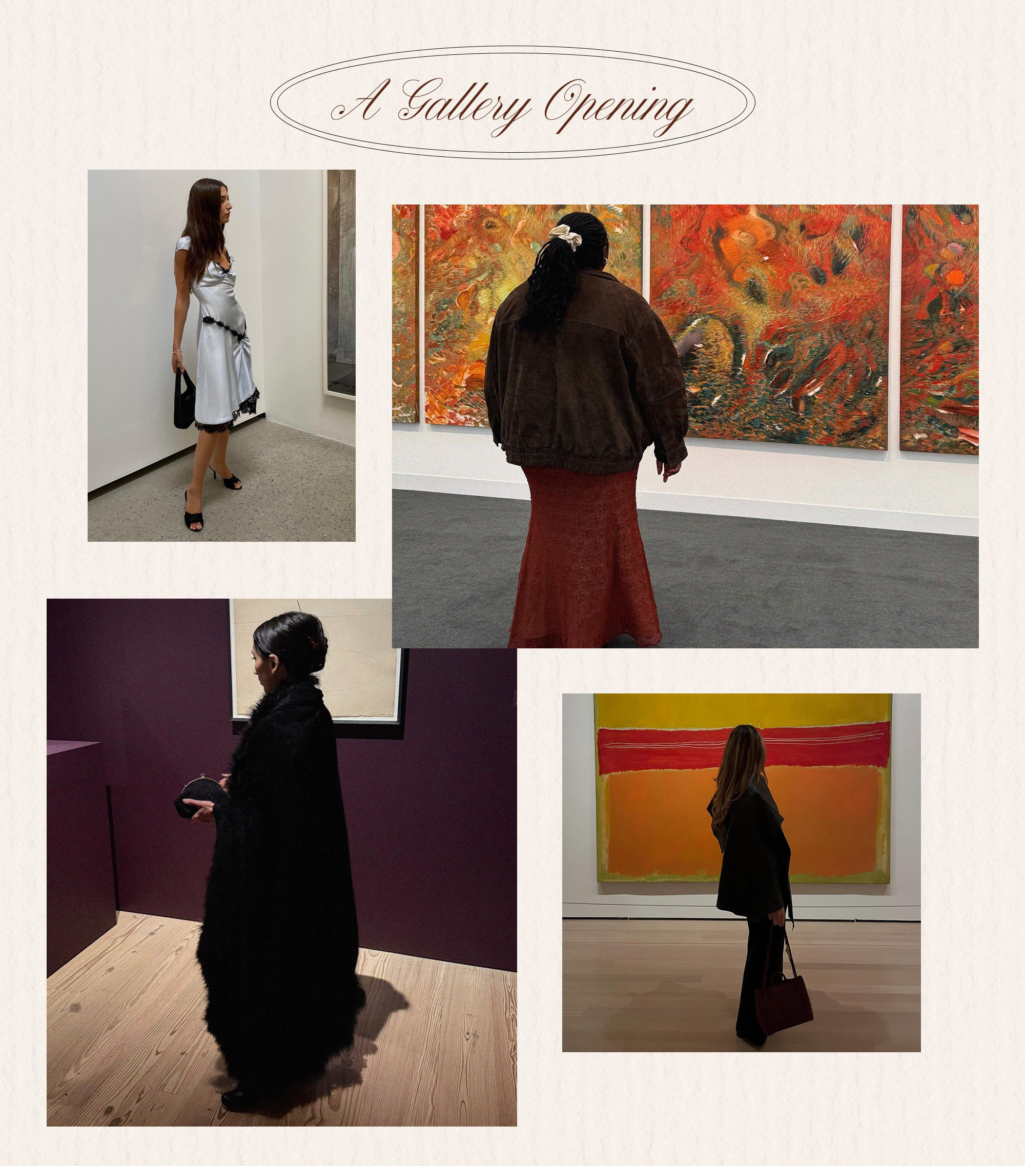 one woman wears a silk dress; one woman wears a leather jacket with a red skirt; one woman wears a long black coat; one woman wears black pants with a black blazer.