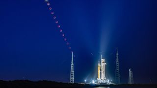several images of a red moon rising above a launch tower beside artemis 1, seen at a distance