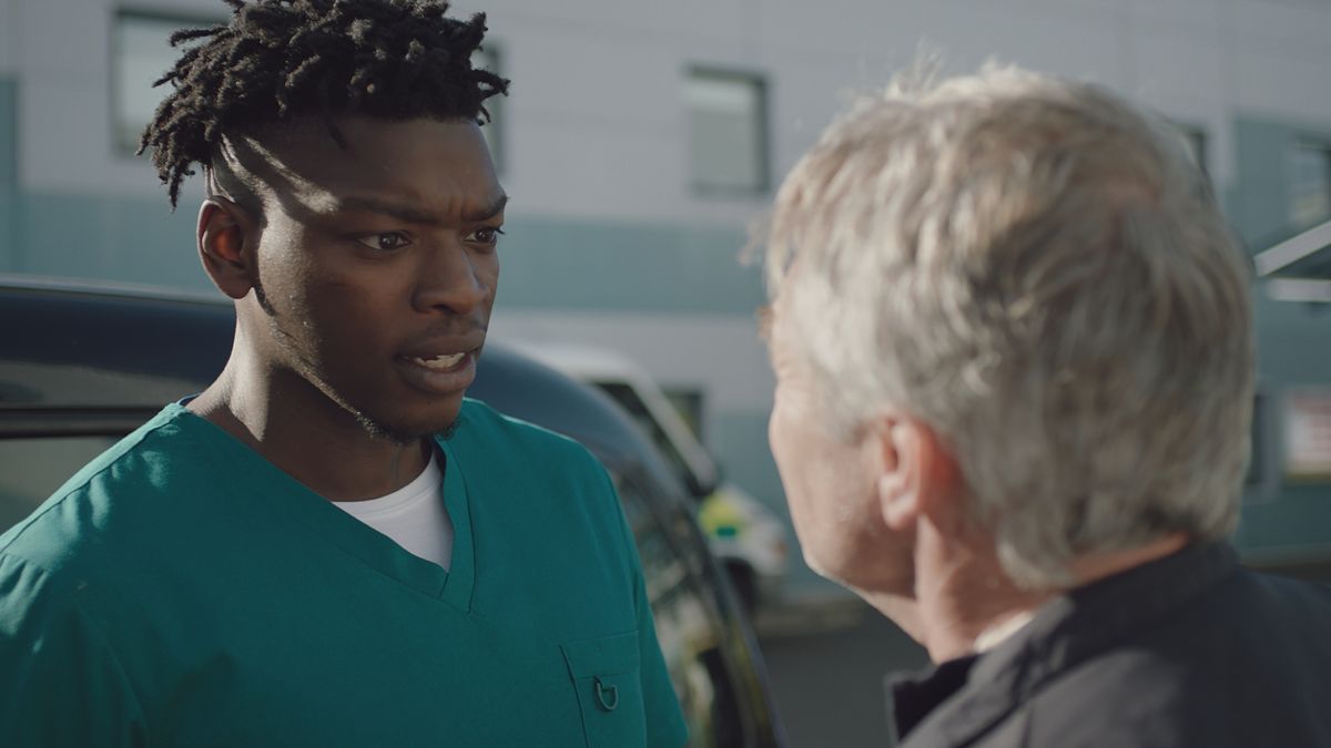 Mason confronts Mark outside the ED in Casualty