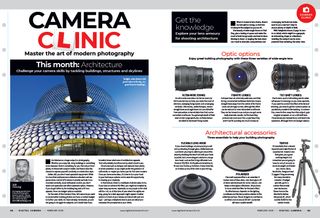 Image showing the first two pages of the Camera Clinic article in issue 290 (February 2025) of Digital Camera magazine, an 8-page masterclass about learning how to photograph architecture and cityscapes