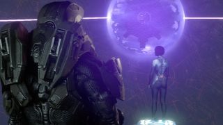 Master Chief and Cortana look upon the core of Requiem.