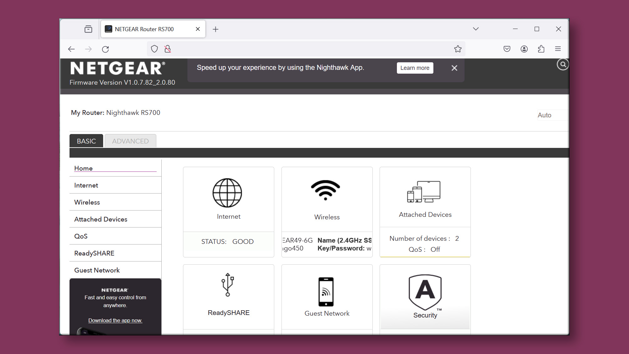 The web interface for the Netgear Nighthawk RS700S