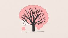 Illustration of a tree shaped like a human brain, with fruit in the shape of the Apple logo hanging from a branch