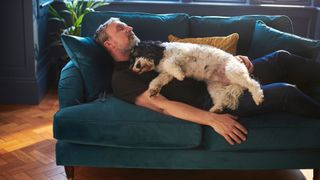 Dog sleeping on a man on a green sofa