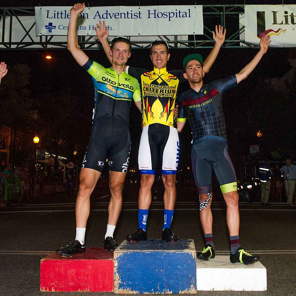 Top three podium finishers for the mens race: Carlos Alzate (UHC), Also Ilsic (Alto Velo), and Joe Lewis (Hincapie).