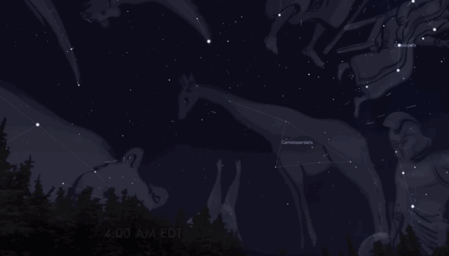 An animation of the Camelopardalid meteor shower originating from the Camelopardalis, or giraffe, constellation.