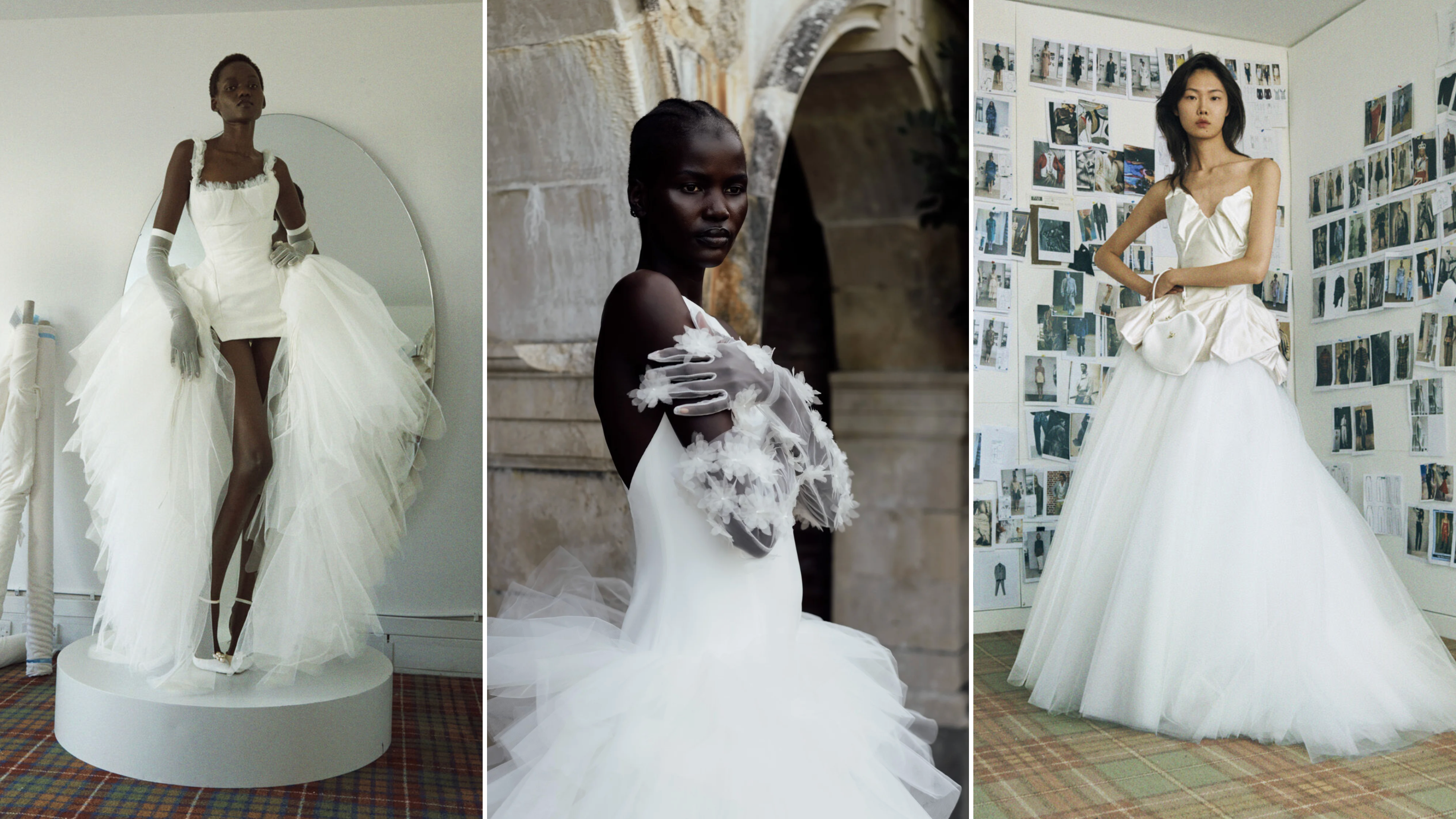 best bridal accessories three models wearing wedding dresses Vivienne Westwood, Halfpenny London, Vivienne Westwood