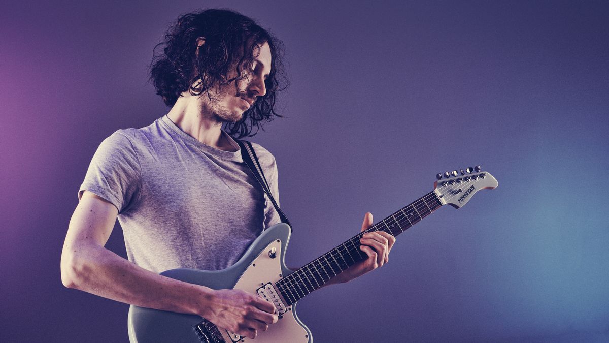 A portrait of Michael Astley Brown holding a guitar on a purple background