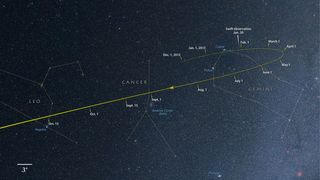 From now through October, comet ISON tracks through the constellations Gemini, Cancer and Leo as it falls toward the sun. Image released March 29, 2013.