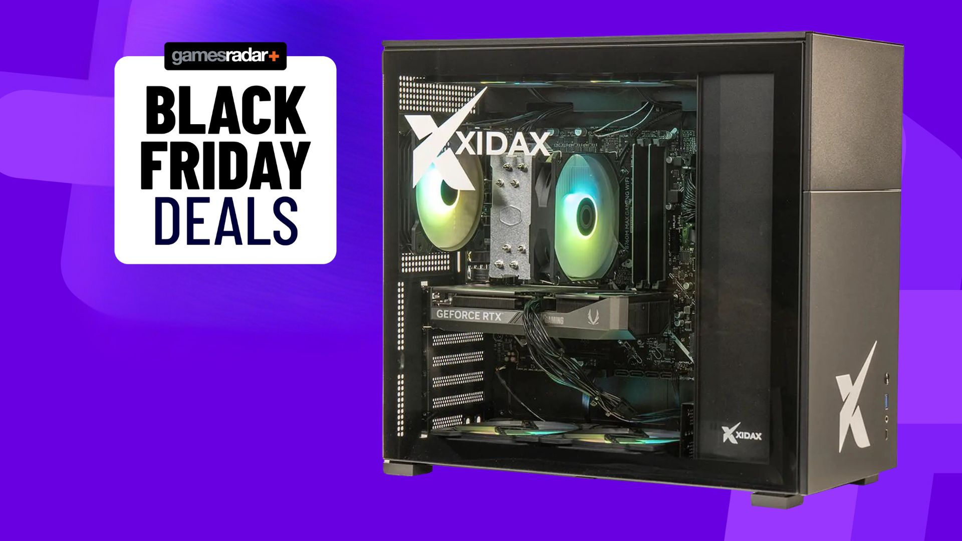 A Xidax gaming PC on a purple Black Friday deals background
