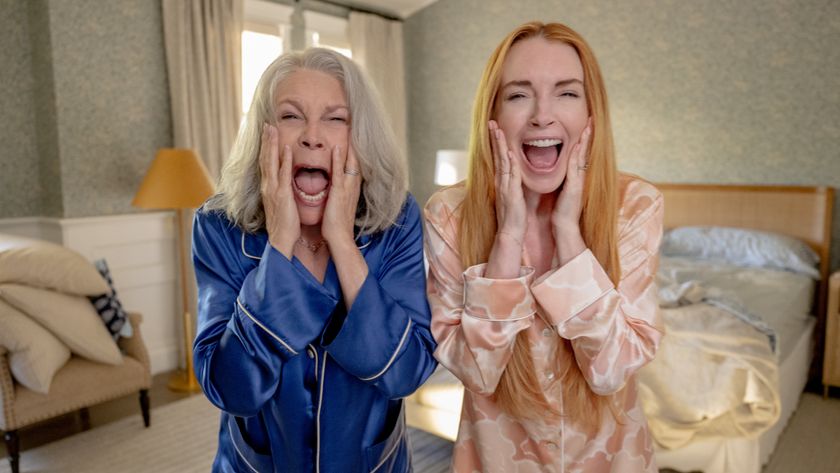 L-R: Tess (Jamie Lee Curtis) and Anna (Linsday Lohan) standing side-by-side and screaming in their in PJs in a scene from &quot;Freakier Friday&quot;