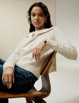 Lilysilk, Classic Cable Knit Sweater With Ribbed Edges