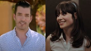 Screenshots from left to right of Jonathan Scott talking tot he camera in Brother vs. Brother and Zooey Deschanel looking to her left and smiling in the trailer for 500 Days of Summer. 