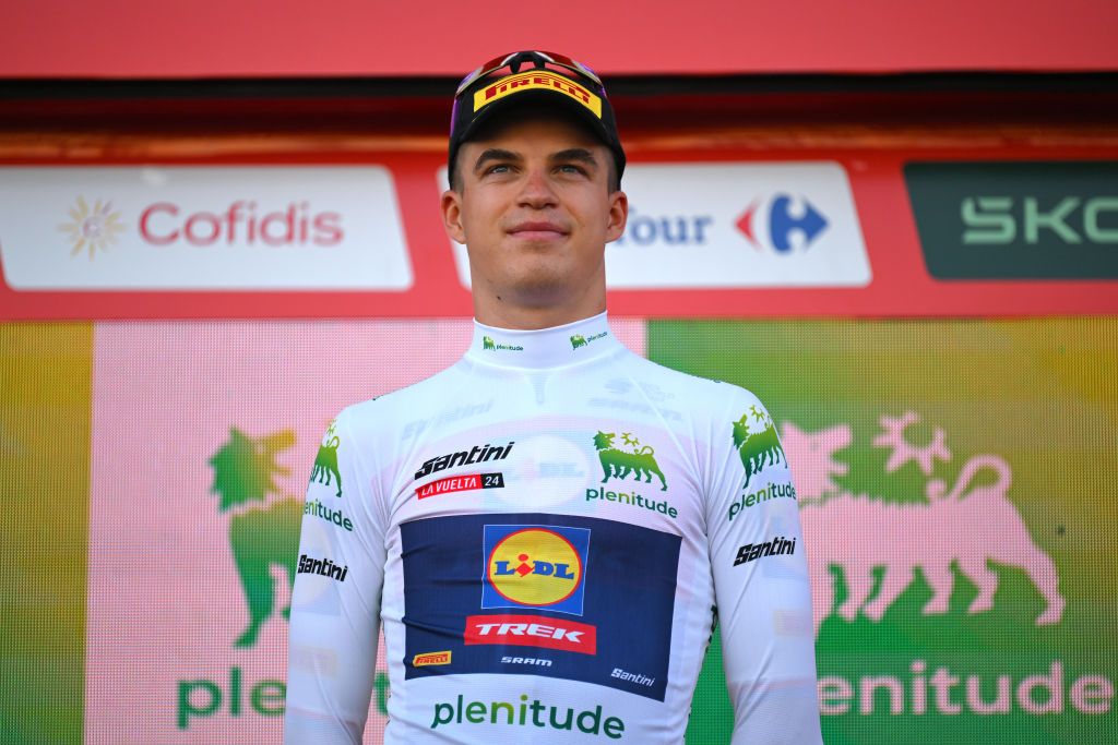 OEIRAS PORTUGAL AUGUST 17 Mathias Vacek of Czech Republic and Team Lidl Trek celebrates at podium as White Best Young Rider Jersey winner during the 79th La Vuelta Ciclista a Espana 2024 Stage 1 a 12km individual time trial stage from Lisbon to Oeiras UCIWT on August 17 2024 in Oeiras Portugal Photo by Tim de WaeleGetty Images