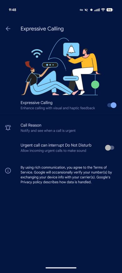 expressive calling settings page in the Google Phone app