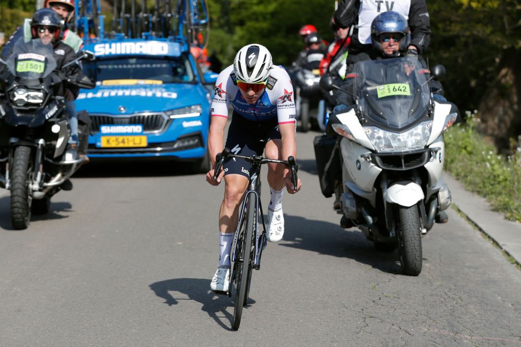 LIEGE BELGIUM APRIL 24 Remco Evenepoel of Belgium and Team QuickStep Alpha Vinyl attacks during the 108th Liege Bastogne Liege 2022 Mens Elite a 2572km one day race from Lige to Lige LBL WorldTour on April 24 2022 in Liege Belgium Photo by Bas CzerwinskiGetty Images