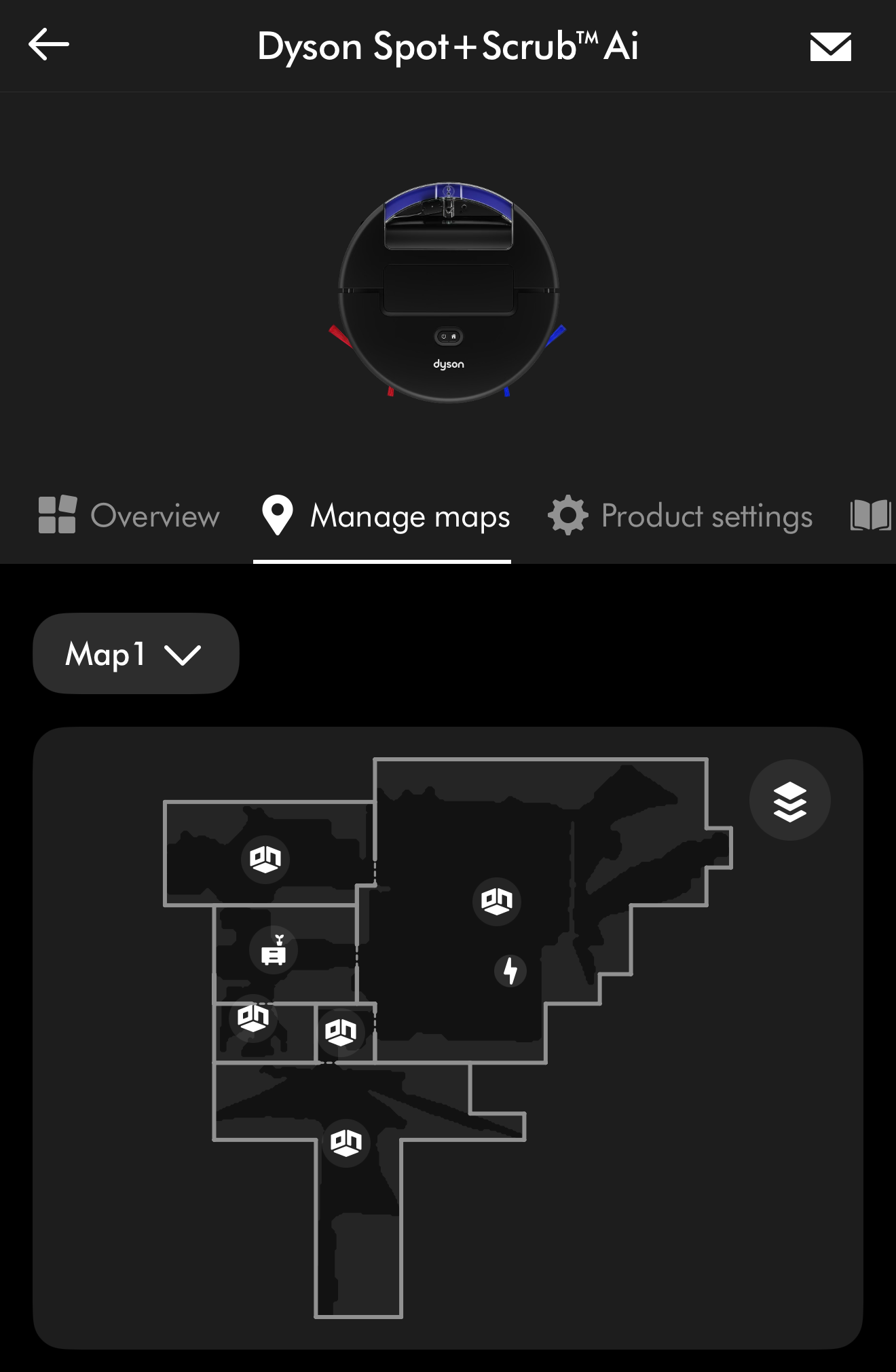 MyDyson app manage maps screen showing a larger floor plan view for the Dyson Spot+Scrub Ai