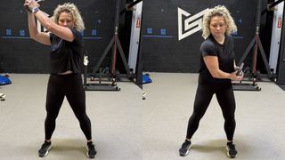 Two images side by side of a woman demonstrating the woodchip exercise in a gym