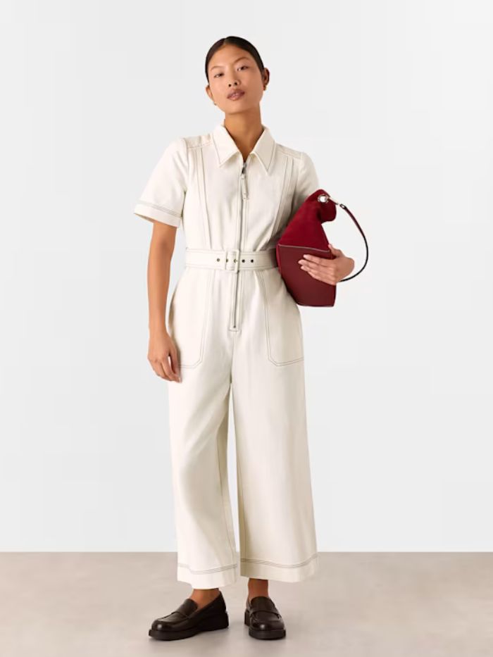 Whistles Petite Denim Pintuck Belted Jumpsuit