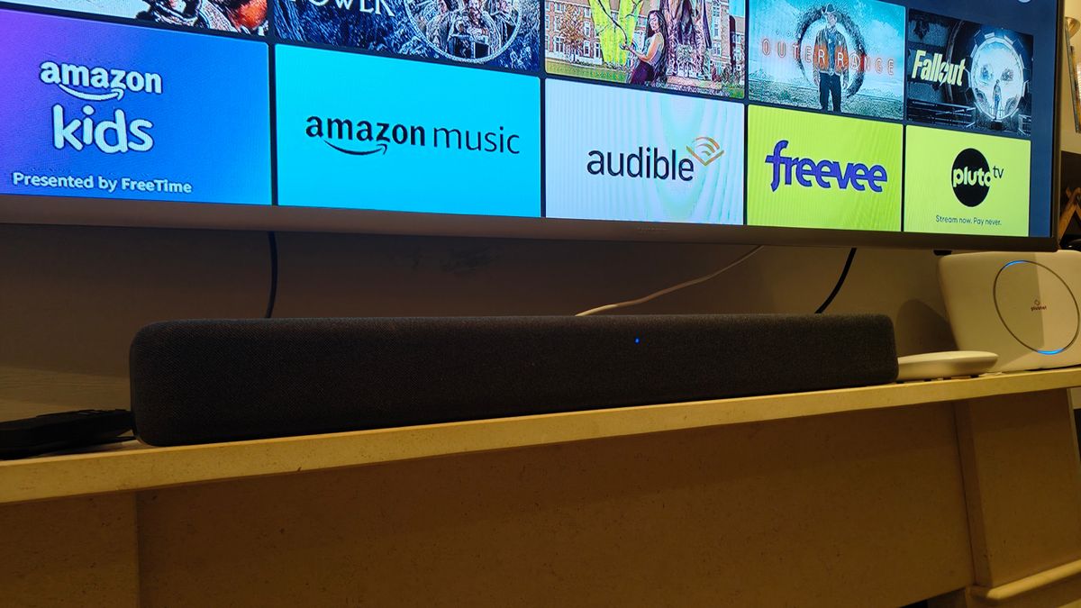 The Amazon Fire TV Soundbar on a shelf.