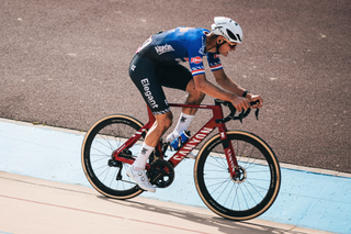 Mathieu van der Poel en route to winning the 2023 Paris-Roubaix