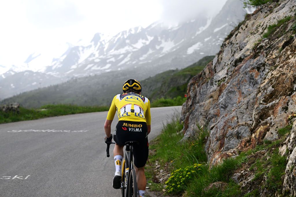 COL DE LA CROIX DE FER FRANCE JUNE 10 Jonas Vingegaard of Denmark and Team JumboVisma Yellow Leader Jersey attacks during the 75th Criterium du Dauphine 2023 Stage 7 a 1479km stage from PortedeSavoie to Col de la Croix de Fer 2067m UCIWT on June 10 2023 in Col de la Croix de Fer France Photo by Dario BelingheriGetty Images