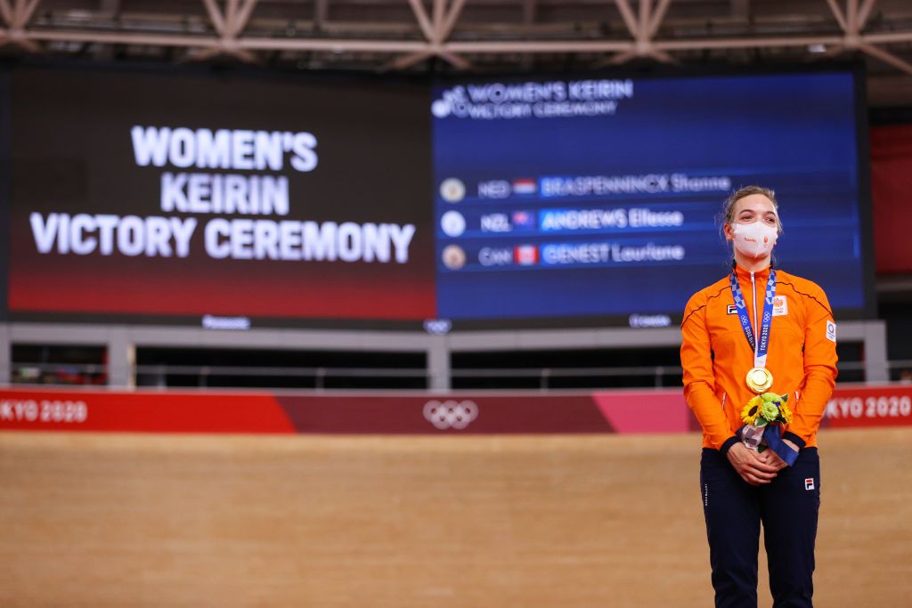 IZU JAPAN AUGUST 05 Gold medalist Shanne Braspennincx of Team Netherlands pose on the podium during the medal ceremony after the Womens Keirin final of the track cycling on day thirteen of the Tokyo 2020 Olympic Games at Izu Velodrome on August 05 2021 in Izu Japan Photo by Tim de WaeleGetty Images
