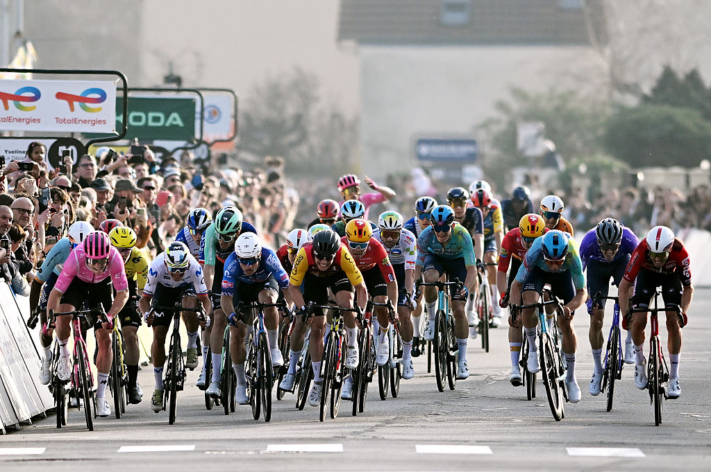 CARRIERES-SOUS-POISSY, FRANCE - MARCH 08: A general view of Luke Lamperti of United States and Team EF Education - EasyPost, Vito Braet of Belgium and Team Lotto Intermarch&amp;eacute;, Orluis Aular of Venezuela and Team Movistar, Milan Fretin of Belgium and Team Cofidis, Biniam Girmay of Eritrea and Team NSN Cycling, Jensen Plowright of Australia and Team Alpecin-Premier Tech sprint at finish line during the 84th Paris-Nice 2026, Stage 1 a 170.9km stage from Acheres to Carrieres-sous-Poissy / #UCIWT / on March 08, 2026 in Carrieres-sous-Poissy, France. (Photo by Szymon Gruchalski/Getty Images)
