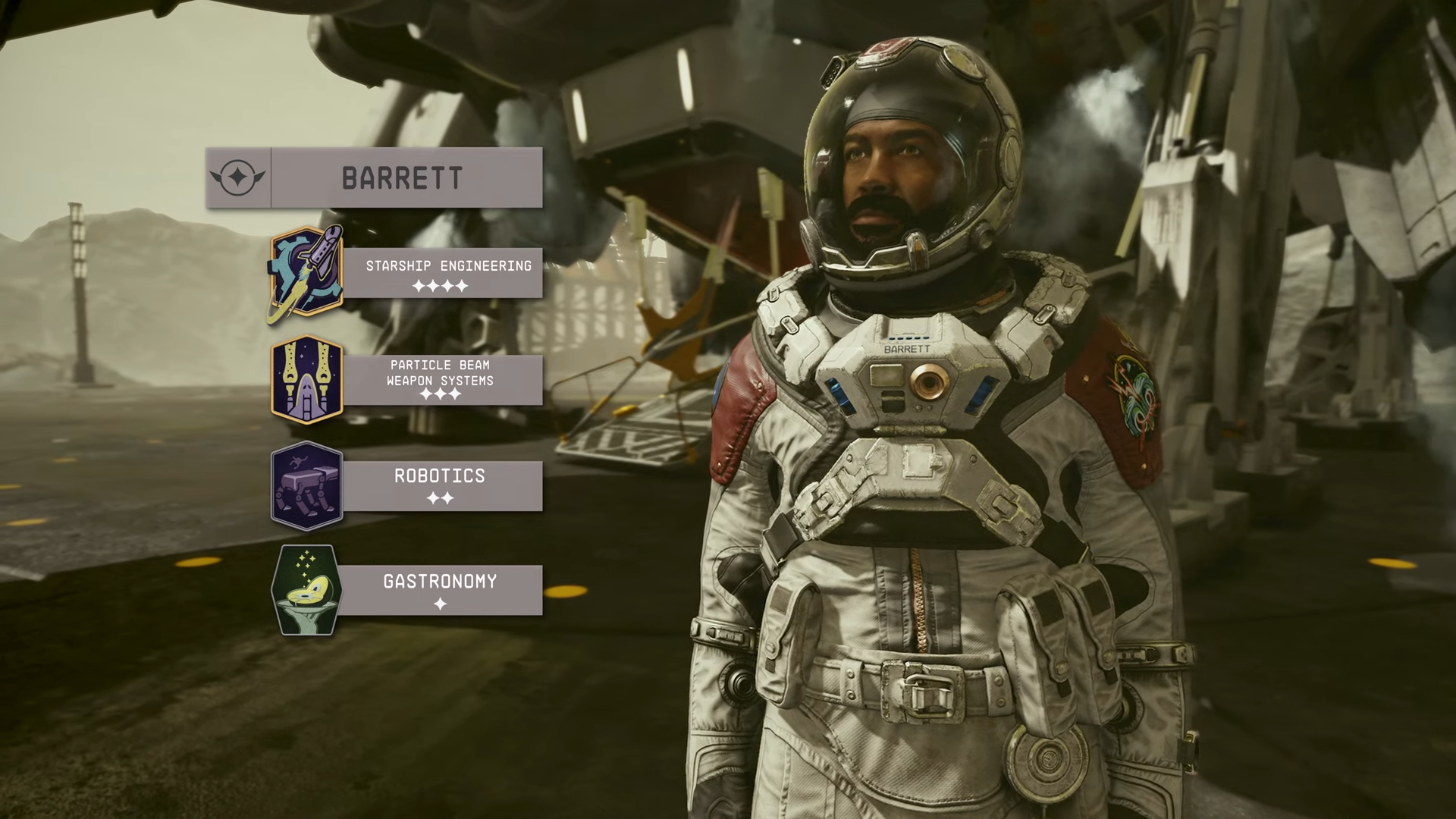 Companion character Barrett and his skills in Starfield.