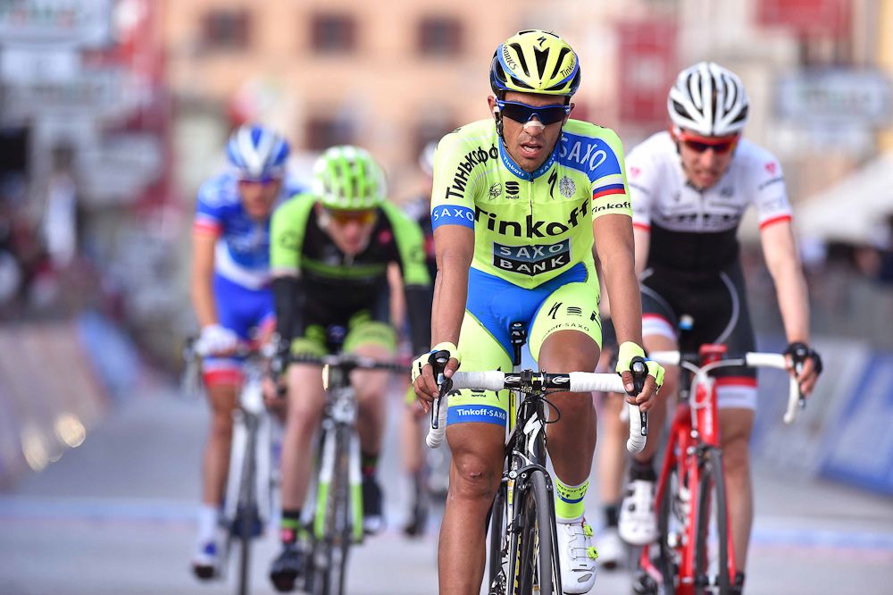 Alberto Contador crosses the line.