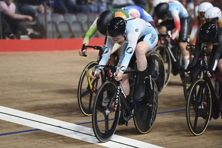 Katie Archibald doing a bike throw at the UCI Track Champions League 2024