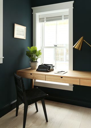 Dark blue home office in Martha Vineyard home
