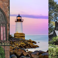 Lighthouse, Landmark, Tower, Natural landscape, Sky, House, Shore, Architecture, Tree, Real estate, 