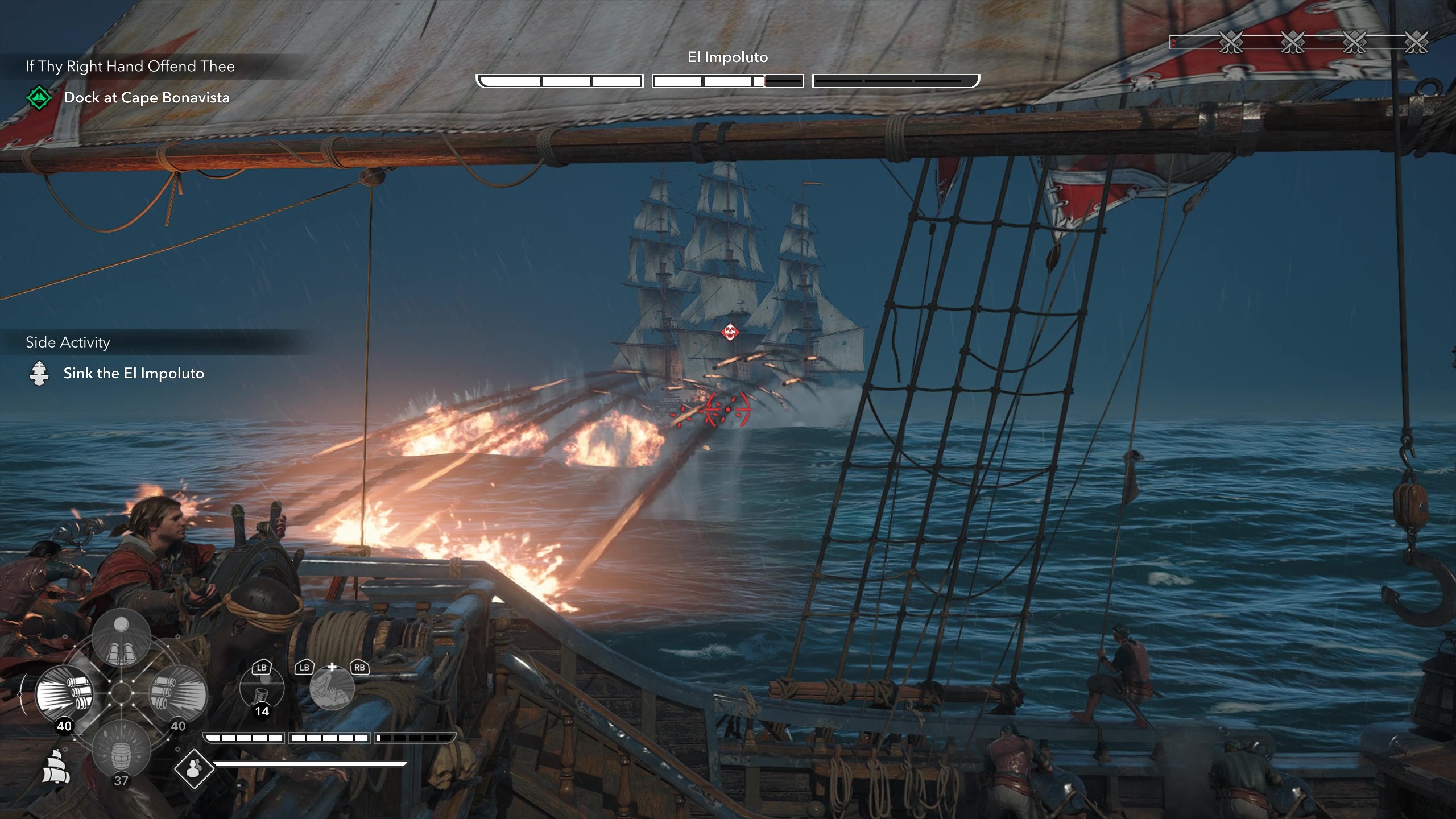 Gameplay of naval combat trading gunfire with El Impoluto.