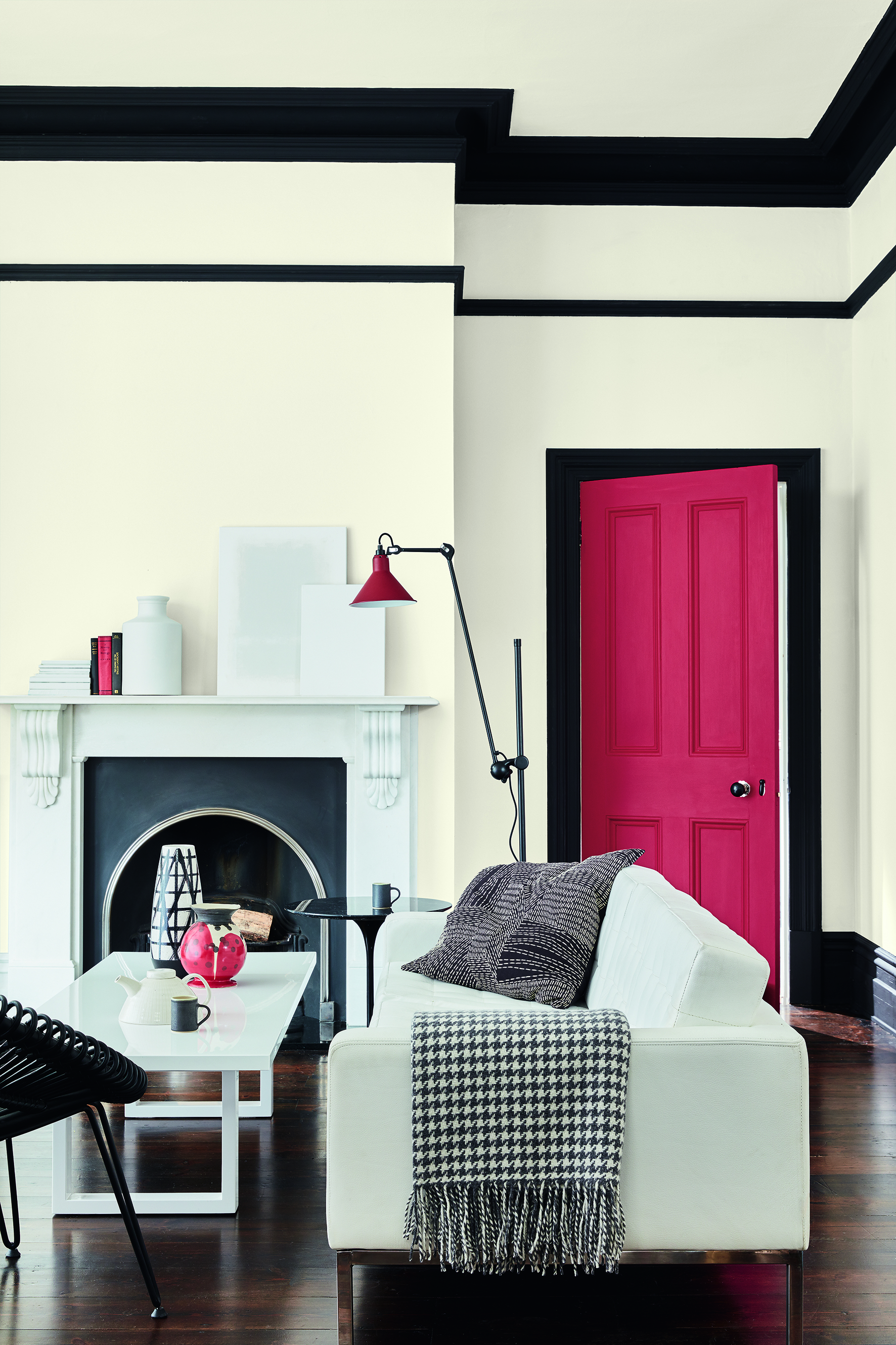 white living room with red door by Little Greene