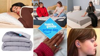 A collage of sleep products including mattresses, Oura Ring, Loop earplugs, Luna weighted blanket and Coop pillow