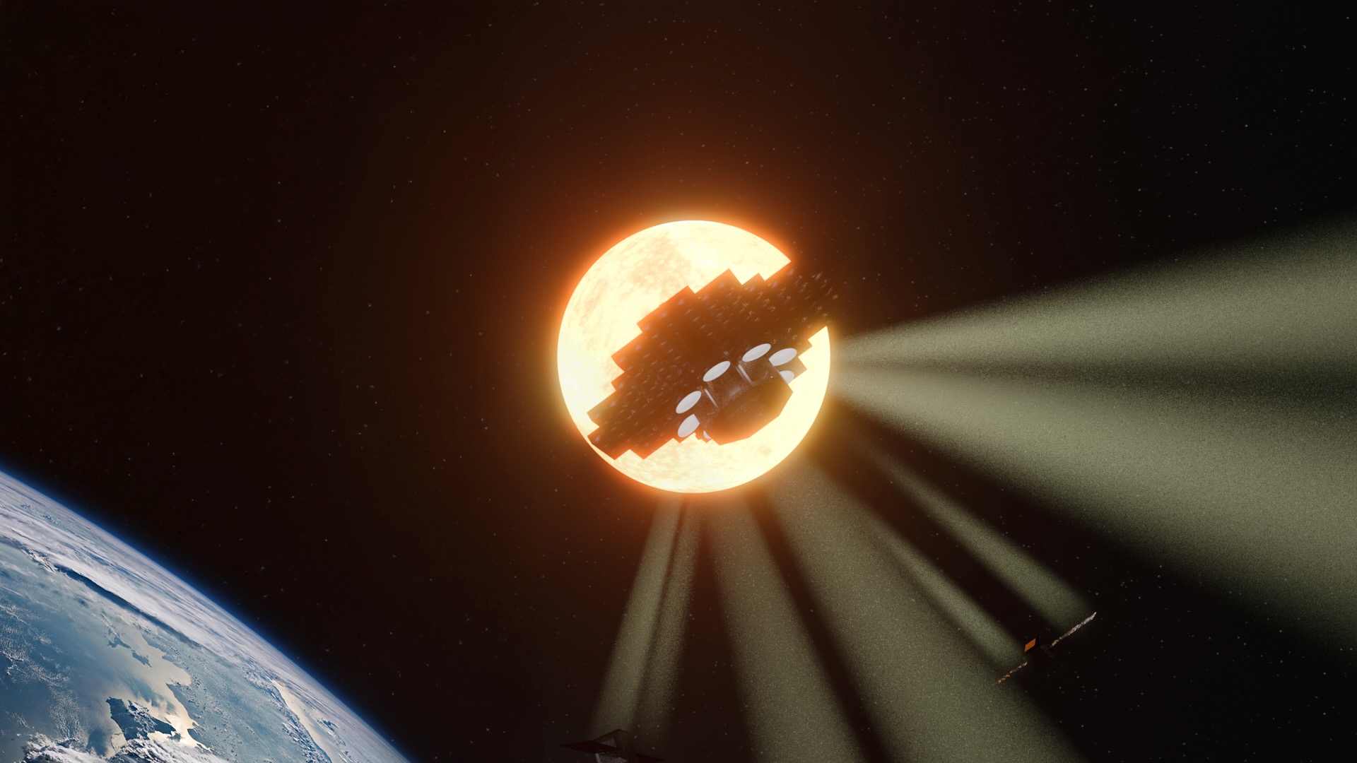 Uma representação de uma espaçonave Star Catcher transmitindo energia solar concentrada e condicionada para satélites clientes.