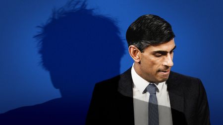 Photo composite of Rishi Sunak and the looming shadow of Boris Johnson