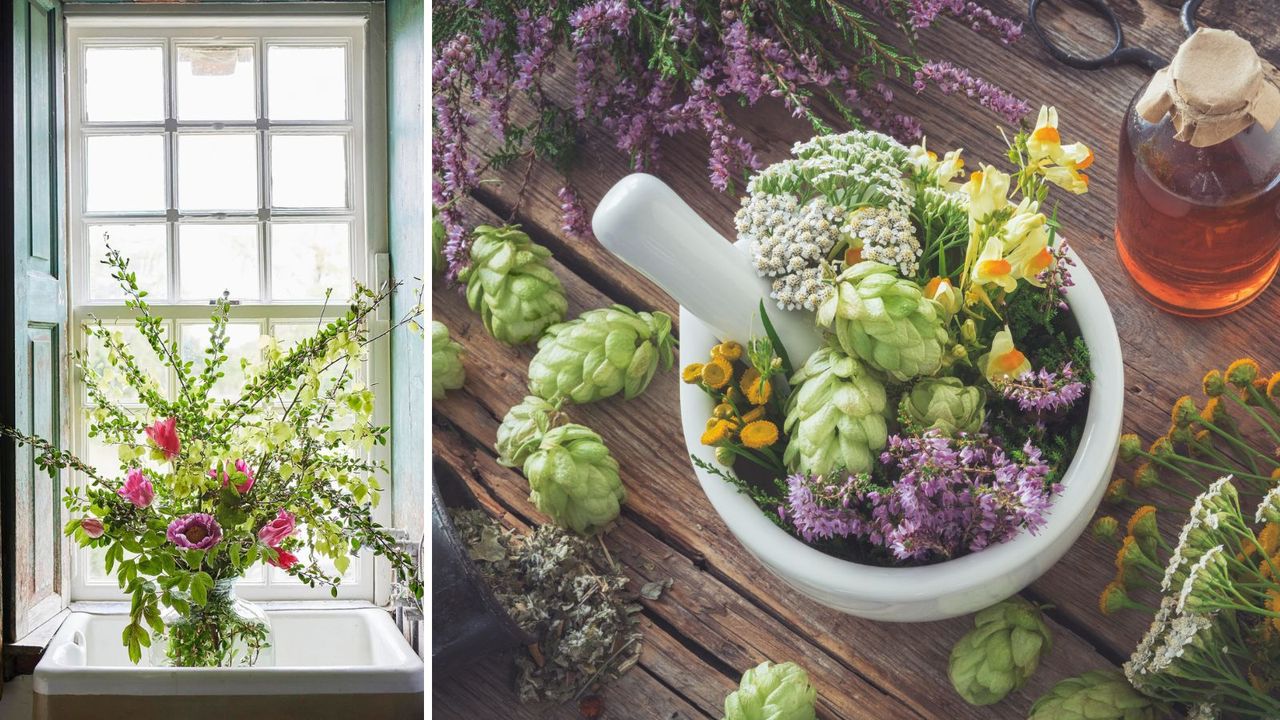 Spring flowers in a sink and herbs and flowers in a pestle and mortar 